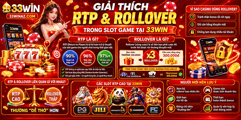 Giải thích RTP và rollover trong slot game tại 33WIN